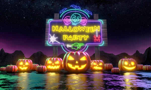 Una fila di zucche Jacko Lanterna di fronte a un cartellone che vi invita a una divertente festa di Halloween. rendering 3d — Foto Stock