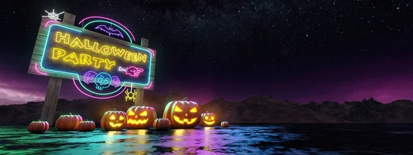 Pumpkins and Billboard with Shiny Neon Lamps under the night stars. Happy Halloween Greeting Card. 3d rendering — Stock Photo, Image