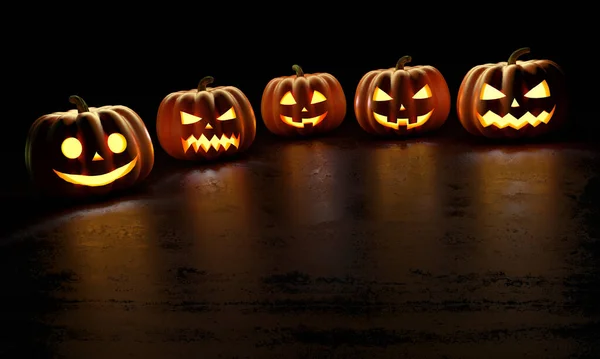 Halloween Pumpkins with light neon on dark background. 3d rendering