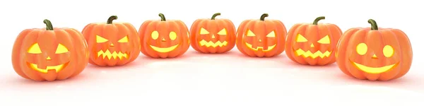 Many Halloween Pumpkins Shadow Row Isolated White Background Wide Image — Stock Photo, Image