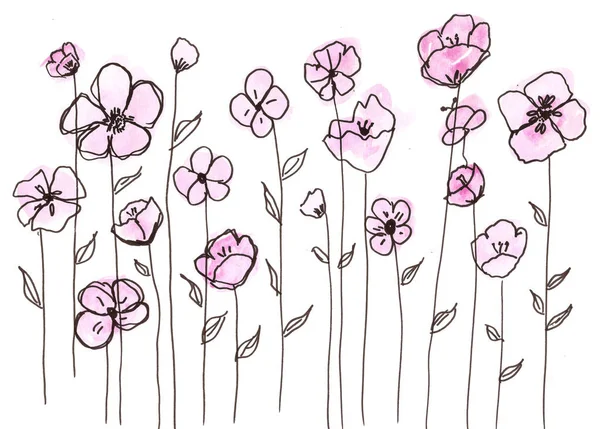 Hand Drawn Watercolor Pink Flowers — Stock Photo, Image