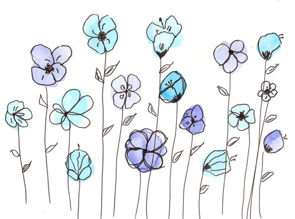 Hand Drawn Watercolor Blue Flowers — Stock Photo, Image
