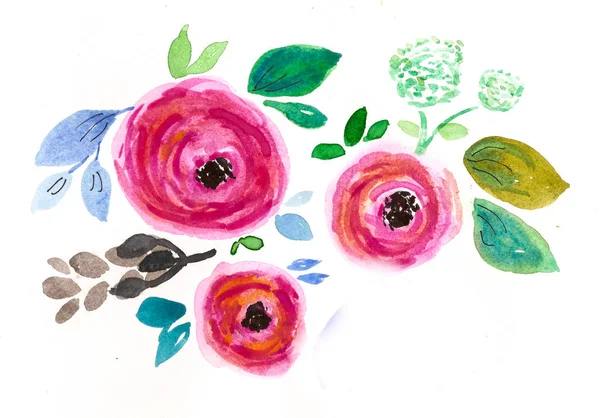 Hand Drawn Watercolor Abstract Flowers — Stock Photo, Image