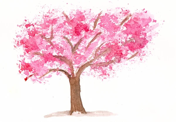Mão Desenhada Aquarela Árvore Rosa — Fotografia de Stock