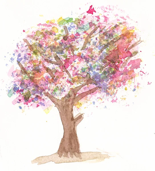 Ručně Tažené Akvarel Barevný Strom — Stock fotografie