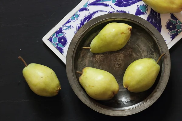 Pears Plate Black Background — Stock Photo, Image