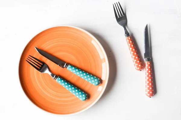 Empty Plate Knife Fork White Background — Stock Photo, Image