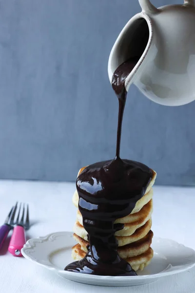 Stack Pancakes Chocolate Sauce — Stock Photo, Image