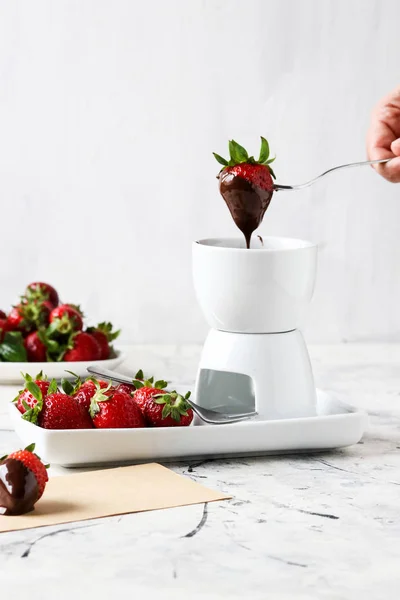 Fondue Morango Chocolate — Fotografia de Stock