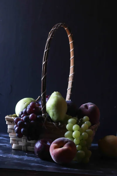 Still Life Fruits Grape Plum Peach Pear — Stock Photo, Image