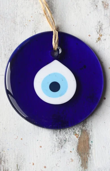 Evil Eye Bead Turkish Nazar Bead White Wooden Background — Stock Photo, Image