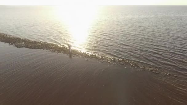 无人机视图 人们站在岛上 太阳在他们周围飞舞 太阳有点百叶窗 鸟儿飞过 — 图库视频影像