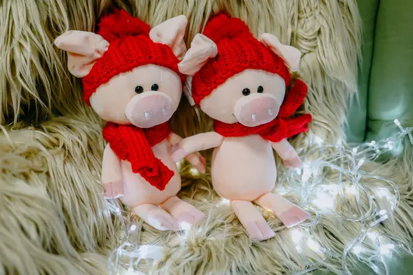 Belles Porcelets Peluche Sur Fond Foin Entouré Guirlandes Noël — Photo