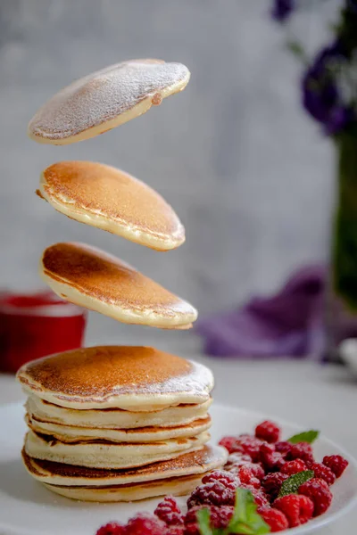 Stack Pancakes Falls Breakfast Raspberries Pancakes Plate — Stock Photo, Image