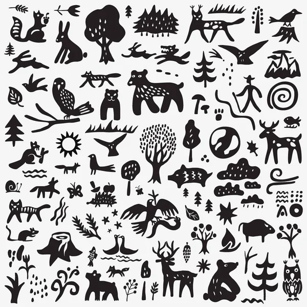 Forest animals - vector doodle set , graphic icons — Stock Vector