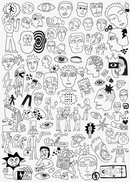 Thinking, psychology, sick people-big doodle set, background — стоковый вектор