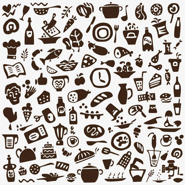 Matlagning, mat och berusade-grafiska doodles, ICOs set — Stock vektor