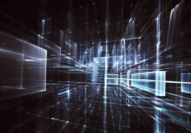 Geleceğin teknolojisi arka plan - 3d görüntü bilgisayar tarafından oluşturulan soyut. Fractal sanat: cam oda ya da ışık efektleri ile gerçeküstü şehrin cadde. Yüksek teknoloji veya sanal gerçeklik kavramı.