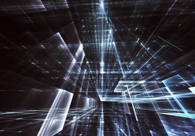 Geleceğin teknolojisi arka plan - 3d görüntü bilgisayar tarafından oluşturulan soyut. Fractal sanat: cam oda ya da ışık efektleri ile gerçeküstü şehrin cadde. Yüksek teknoloji veya sanal gerçeklik kavramı.