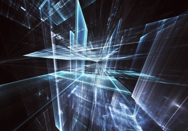 Geleceğin teknolojisi arka plan - 3d görüntü bilgisayar tarafından oluşturulan soyut. Fractal sanat: cam oda ya da ışık efektleri ile gerçeküstü şehrin cadde. Yüksek teknoloji veya sanal gerçeklik kavramı.