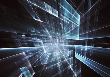 Geleceğin teknolojisi arka plan - 3d görüntü bilgisayar tarafından oluşturulan soyut. Fractal sanat: cam oda ya da ışık efektleri ile gerçeküstü şehrin cadde. Yüksek teknoloji veya sanal gerçeklik kavramı.
