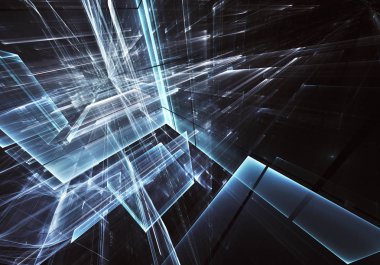 Geleceğin teknolojisi arka plan - 3d görüntü bilgisayar tarafından oluşturulan soyut. Fractal sanat: cam oda ya da ışık efektleri ile gerçeküstü şehrin cadde. Yüksek teknoloji veya sanal gerçeklik kavramı.