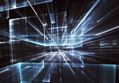 Geleceğin teknolojisi arka plan - 3d görüntü bilgisayar tarafından oluşturulan soyut. Fractal sanat: cam oda ya da ışık efektleri ile gerçeküstü şehrin cadde. Yüksek teknoloji veya sanal gerçeklik kavramı.