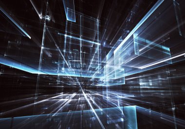 Geleceğin teknolojisi arka plan - 3d görüntü bilgisayar tarafından oluşturulan soyut. Fractal sanat: cam oda ya da ışık efektleri ile gerçeküstü şehrin cadde. Yüksek teknoloji veya sanal gerçeklik kavramı.