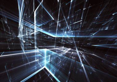 Geleceğin teknolojisi arka plan - 3d görüntü bilgisayar tarafından oluşturulan soyut. Fractal sanat: cam oda ya da ışık efektleri ile gerçeküstü şehrin cadde. Yüksek teknoloji veya sanal gerçeklik kavramı.