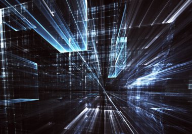 Geleceğin teknolojisi arka plan - 3d görüntü bilgisayar tarafından oluşturulan soyut. Fractal sanat: cam oda ya da ışık efektleri ile gerçeküstü şehrin cadde. Yüksek teknoloji veya sanal gerçeklik kavramı.