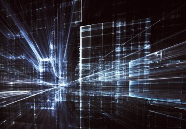 Geleceğin teknolojisi arka plan - 3d görüntü bilgisayar tarafından oluşturulan soyut. Fractal sanat: cam oda ya da ışık efektleri ile gerçeküstü şehrin cadde. Yüksek teknoloji veya sanal gerçeklik kavramı.