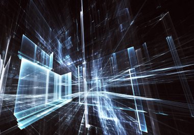 Geleceğin teknolojisi arka plan - 3d görüntü bilgisayar tarafından oluşturulan soyut. Fractal sanat: cam oda ya da ışık efektleri ile gerçeküstü şehrin cadde. Yüksek teknoloji veya sanal gerçeklik kavramı.