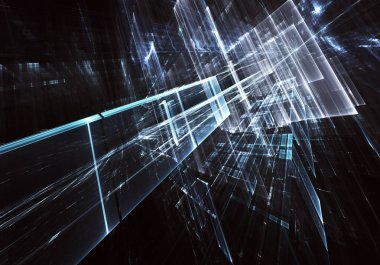 Geleceğin teknolojisi arka plan - 3d görüntü bilgisayar tarafından oluşturulan soyut. Fractal sanat: cam oda ya da ışık efektleri ile gerçeküstü şehrin cadde. Yüksek teknoloji veya sanal gerçeklik kavramı.