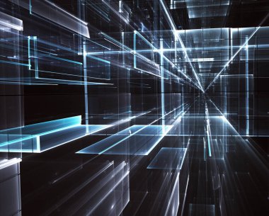 Geleceğin teknolojisi arka plan - 3d görüntü bilgisayar tarafından oluşturulan soyut. Fractal sanat: cam oda ya da ışık efektleri ile gerçeküstü şehrin cadde. Yüksek teknoloji veya sanal gerçeklik kavramı.