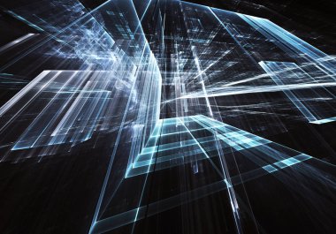 Geleceğin teknolojisi arka plan - 3d görüntü bilgisayar tarafından oluşturulan soyut. Fractal sanat: cam oda ya da ışık efektleri ile gerçeküstü şehrin cadde. Yüksek teknoloji veya sanal gerçeklik kavramı.