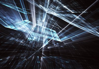 Geleceğin teknolojisi arka plan - 3d görüntü bilgisayar tarafından oluşturulan soyut. Fractal sanat: cam oda ya da ışık efektleri ile gerçeküstü şehrin cadde. Yüksek teknoloji veya sanal gerçeklik kavramı.