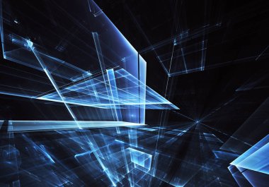 Geleceğin teknolojisi arka plan - 3d görüntü bilgisayar tarafından oluşturulan soyut. Fractal sanat: cam oda ya da ışık efektleri ile gerçeküstü şehrin cadde. Yüksek teknoloji veya sanal gerçeklik kavramı.