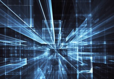 Geleceğin teknolojisi arka plan - 3d görüntü bilgisayar tarafından oluşturulan soyut. Fractal sanat: cam oda ya da ışık efektleri ile gerçeküstü şehrin cadde. Yüksek teknoloji veya sanal gerçeklik kavramı.