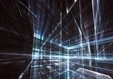 Geleceğin teknolojisi arka plan - 3d görüntü bilgisayar tarafından oluşturulan soyut. Fractal sanat: cam oda ya da ışık efektleri ile gerçeküstü şehrin cadde. Yüksek teknoloji veya sanal gerçeklik kavramı.