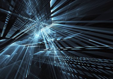 Geleceğin teknolojisi arka plan - 3d görüntü bilgisayar tarafından oluşturulan soyut. Fractal sanat: cam oda ya da ışık efektleri ile gerçeküstü şehrin cadde. Yüksek teknoloji veya sanal gerçeklik kavramı.