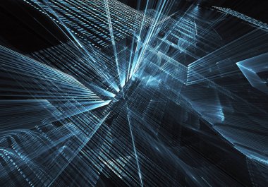 Geleceğin teknolojisi arka plan - 3d görüntü bilgisayar tarafından oluşturulan soyut. Fractal sanat: cam oda ya da ışık efektleri ile gerçeküstü şehrin cadde. Yüksek teknoloji veya sanal gerçeklik kavramı.