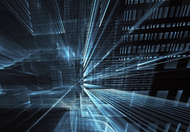 Geleceğin teknolojisi arka plan - 3d görüntü bilgisayar tarafından oluşturulan soyut. Fractal sanat: cam oda ya da ışık efektleri ile gerçeküstü şehrin cadde. Yüksek teknoloji veya sanal gerçeklik kavramı.