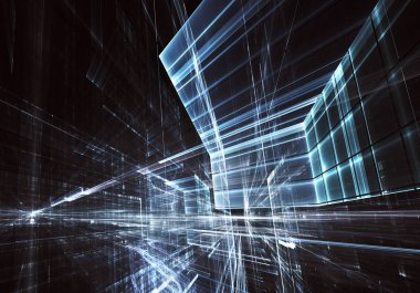 Geleceğin teknolojisi arka plan - 3d görüntü bilgisayar tarafından oluşturulan soyut. Fractal sanat: cam oda ya da ışık efektleri ile gerçeküstü şehrin cadde. Yüksek teknoloji veya sanal gerçeklik kavramı.