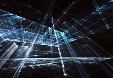 Geleceğin teknolojisi arka plan - 3d görüntü bilgisayar tarafından oluşturulan soyut. Fractal sanat: cam oda ya da ışık efektleri ile gerçeküstü şehrin cadde. Yüksek teknoloji veya sanal gerçeklik kavramı.