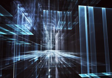 Geleceğin teknolojisi arka plan - 3d görüntü bilgisayar tarafından oluşturulan soyut. Fractal sanat: cam oda ya da ışık efektleri ile gerçeküstü şehrin cadde. Yüksek teknoloji veya sanal gerçeklik kavramı.