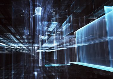 Geleceğin teknolojisi arka plan - 3d görüntü bilgisayar tarafından oluşturulan soyut. Fractal sanat: cam oda ya da ışık efektleri ile gerçeküstü şehrin cadde. Yüksek teknoloji veya sanal gerçeklik kavramı.