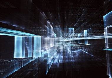 Geleceğin teknolojisi arka plan - 3d görüntü bilgisayar tarafından oluşturulan soyut. Fractal sanat: cam oda ya da ışık efektleri ile gerçeküstü şehrin cadde. Yüksek teknoloji veya sanal gerçeklik kavramı.