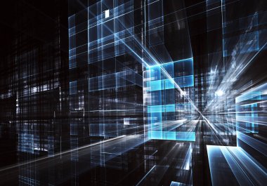 Geleceğin teknolojisi arka plan - 3d görüntü bilgisayar tarafından oluşturulan soyut. Fractal sanat: cam oda ya da ışık efektleri ile gerçeküstü şehrin cadde. Yüksek teknoloji veya sanal gerçeklik kavramı.