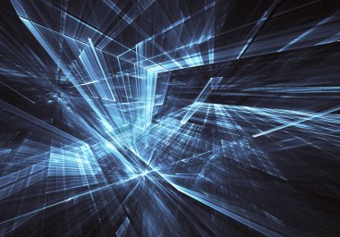 Geleceğin teknolojisi arka plan - 3d görüntü bilgisayar tarafından oluşturulan soyut. Fractal sanat: cam oda ya da ışık efektleri ile gerçeküstü şehrin cadde. Yüksek teknoloji veya sanal gerçeklik kavramı.