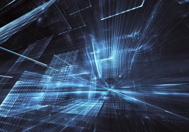 Geleceğin teknolojisi arka plan - 3d görüntü bilgisayar tarafından oluşturulan soyut. Fractal sanat: cam oda ya da ışık efektleri ile gerçeküstü şehrin cadde. Yüksek teknoloji veya sanal gerçeklik kavramı.